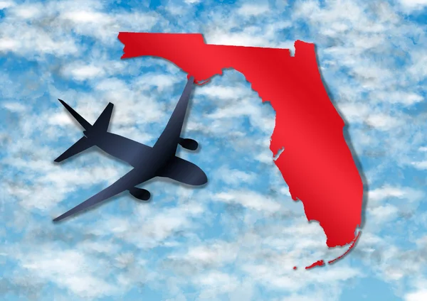 Ilustrace Siluetou Letadla Mapou Státu Florida Pozadí Oblohou Mraky — Stock fotografie