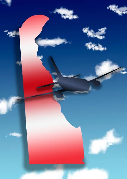 Ilustrace Siluetou Letadla Mapou Státu Delaware Pozadí Oblohou Mraky — Stock fotografie