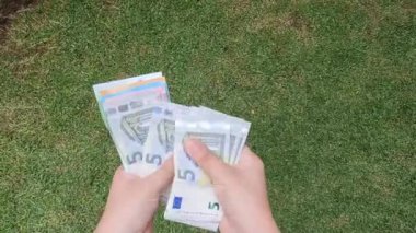Avrupai banknotları tutan ve sayan bir kadının elleri, yukarıdan bakıldığında