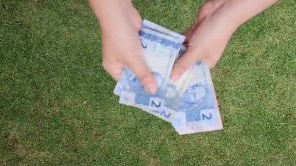 Manos Una Mujer Sosteniendo Contando Billetes Brasileños Jardín Vista Desde — Vídeo de stock