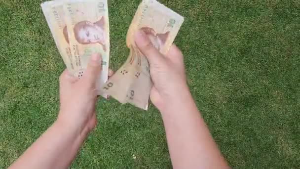庭でアルゼンチン銀行券を保有している女性の手に渡り — ストック動画