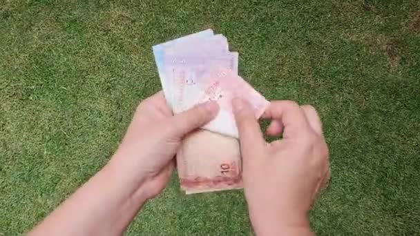 Ruce Ženy Držící Počítající Brazilské Bankovky Zahradě Pohled Shora — Stock video