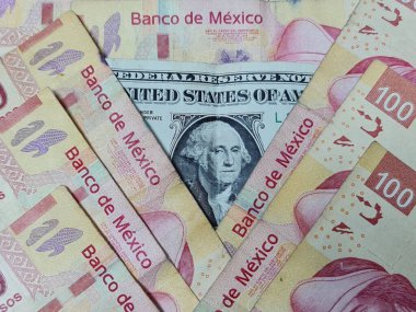 1 dolarlık Amerikan banknotları ve 100 pezoluk Meksika banknotları.