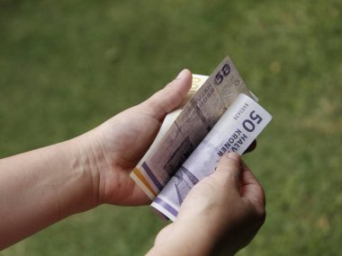 Parkta Danimarka banknotlarını tutan ve sayan bir kadının eli