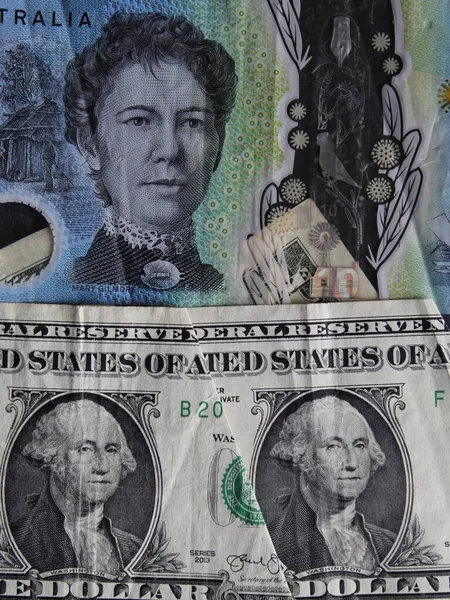 Australiska Sedlar Tio Dollar Och Amerikanska Endollarsedlar — Stockfoto