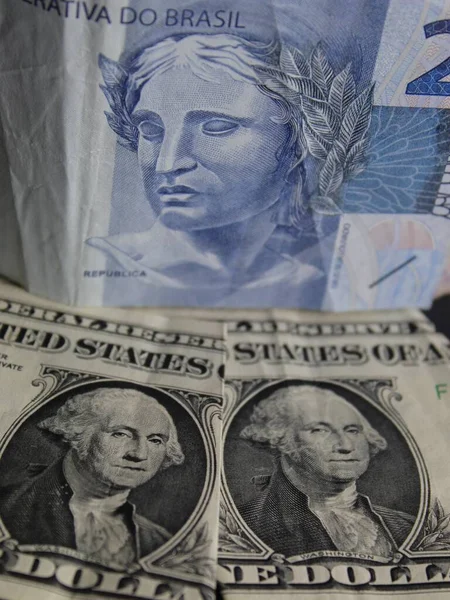Brazilian Banknote Two Reais American One Dollar Bills — Stock Photo, Image