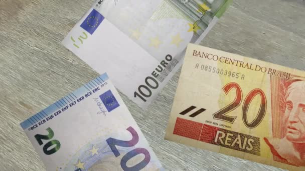 Animation Stacked Brazilian Bills European Banknotes Different Denomination — Stock Video