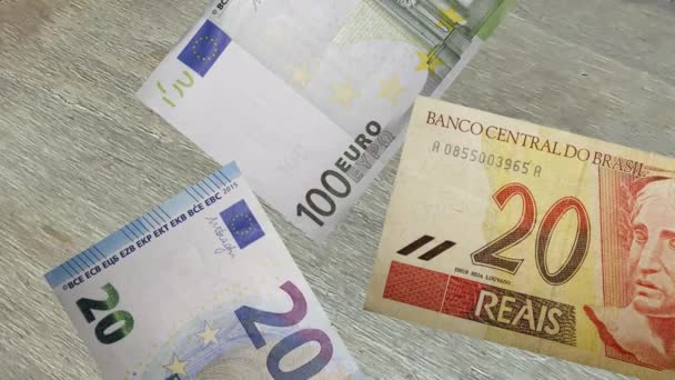 Animación Billetes Brasileños Apilados Billetes Europeos Diferente Denominación — Vídeo de stock