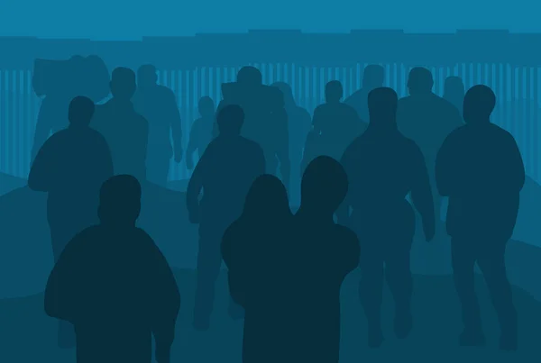 digital illustration of silhouettes of migrants walking near the border wall at night