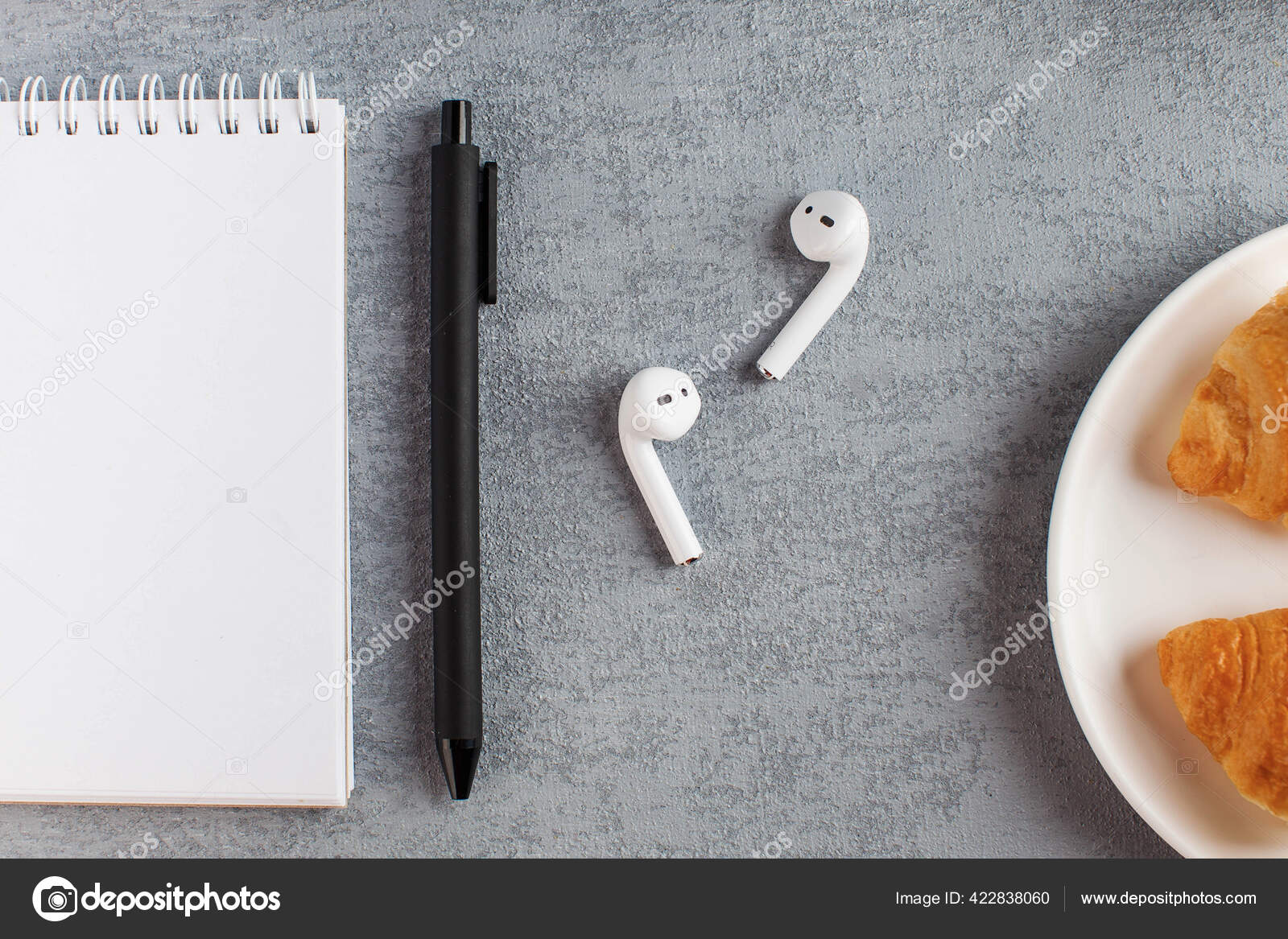 White Notepad Wireless Headphones The Concept Of Online Training Work From Home Home Office Copy Space Stock Photo By C Kabachki Photo
