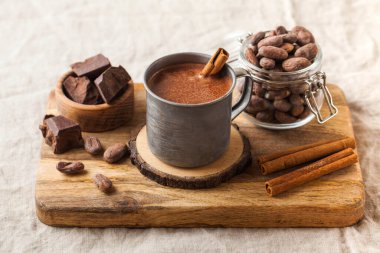 Masa örtüsünde tarçın çubuğu olan metal bardakta sıcak çikolata. Boşluğu kopyala