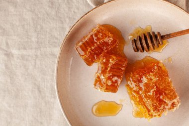 Tabakta bal peteğinde bal, keten bir masa örtüsünün üzerinde tahta bir bal kaşığıyla. Yüksek kalite fotoğraf