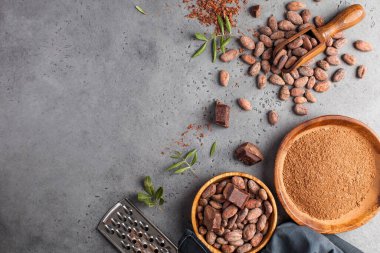 Cocoa beans, cocoa powder, raw chocolate on a gray background. The concept of healthy eating. Copy space. clipart