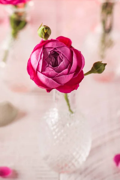 Gyönyörű bazsarózsa alakú rózsa egy üvegvázában. Valentin napi üdvözlőkártya. — Stock Fotó