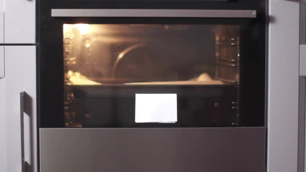 La ragazza apre il forno e tira fuori una teglia con biscotti fatti in casa. — Video Stock