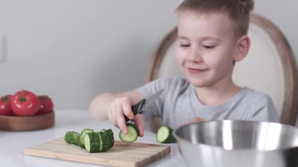 Der Junge bereitet einen Gemüsesalat zu, schneidet mit einem Messer eine grüne Gurke. — Stockvideo