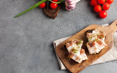 Tuzlu domuz pastırması ya da domuz pastırması ile iki ekmek dilimi, Ukrayna borşuna geleneksel aperatifler. Boşluğu kopyala.