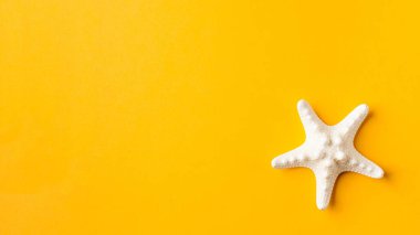 Sarı arka planda denizyıldızı. Yaz dönemi. Seyahat kavramı. Boşluğu kopyala.