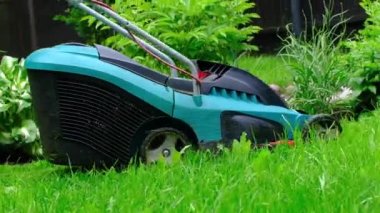 Çim biçme makinesi yeşil çimleri biçer..