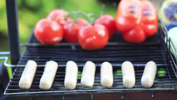 The cook puts the sausages on the grill. — Stock Video