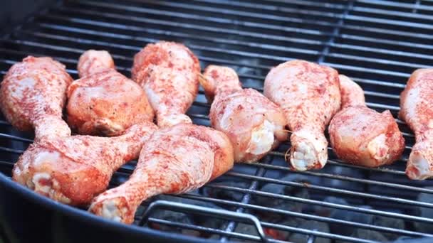 Marinated chicken drumsticks are grilled. Barbecue recipes. — Stock Video