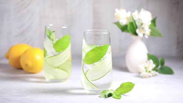 キュウリ、ミント、レモン汁でデトックス水を作るプロセス. — ストック動画
