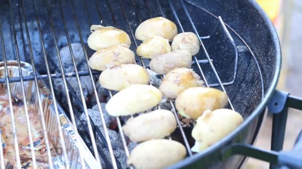 Kartoffeln werden auf den Grillrost gelegt. Grillen für Vegetarier. — Stockvideo