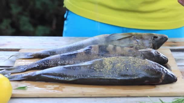 Kuchař masíruje ryby kořením. Návod na vaření grilovaných ryb. — Stock video
