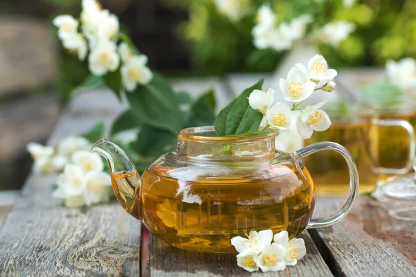 Grønn kinesisk te med sjasmin i tekanne på en trebenk mot en bakgrunn av sjasminblomster. – stockfoto