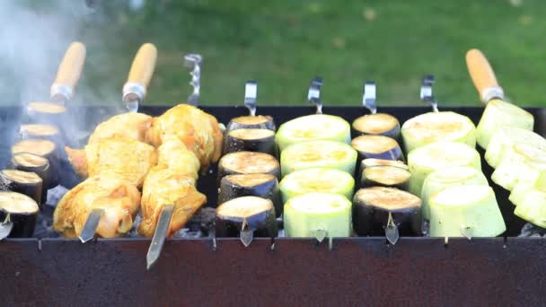 Paluszki z kurczaka, cukinia i bakłażan są grillowane. Warzywa z grilla. — Wideo stockowe