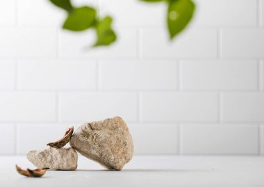 Ürününüzün sunumu için gri taşlar ve kabuk parçalarından oluşan bir podyum. Malların modern görüntüsü