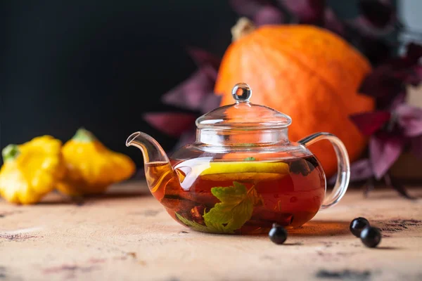 Teh musim gugur dengan lemon, rempah-rempah dan buah beri currant di teko teh di latar belakang labu dan labu. Suasana musim gugur. — Stok Foto