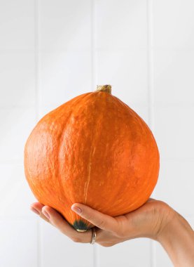 Bir kadın eli olgun bir balkabağını fayanslı beyaz bir zeminde tutar. Boşluğu kopyala.