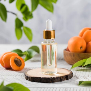 Şeftali tohumu özü ile şeffaf bir damlacıkta yağlı. Doğal kozmetikler. Boşluğu kopyala.