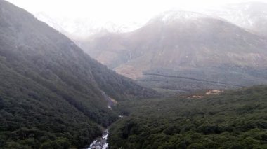Yağmurlu bir günde, karla kaplı bir dağ manzaralı ağaçların arasında, bir dağ nehrinin üzerinde uçmak. Yeni Zelanda. Doğa ve turizm kavramı.