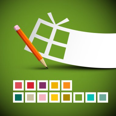 Kağıt hediye kutusu ve kalem ile yeşil arka plan üzerinde renkli kareler