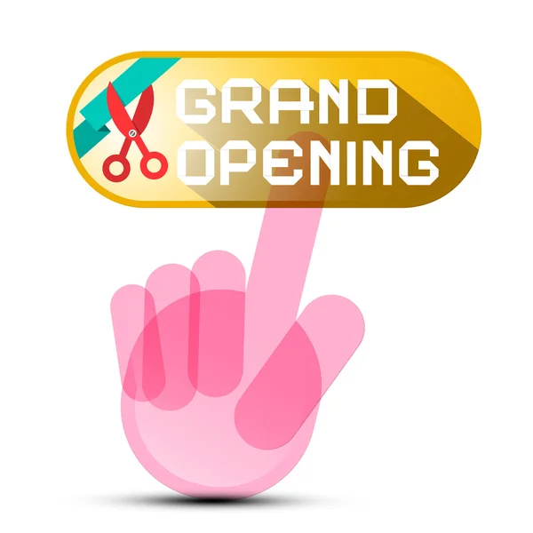 Grand Opening knop met Hand en schaar met lint — Stockvector