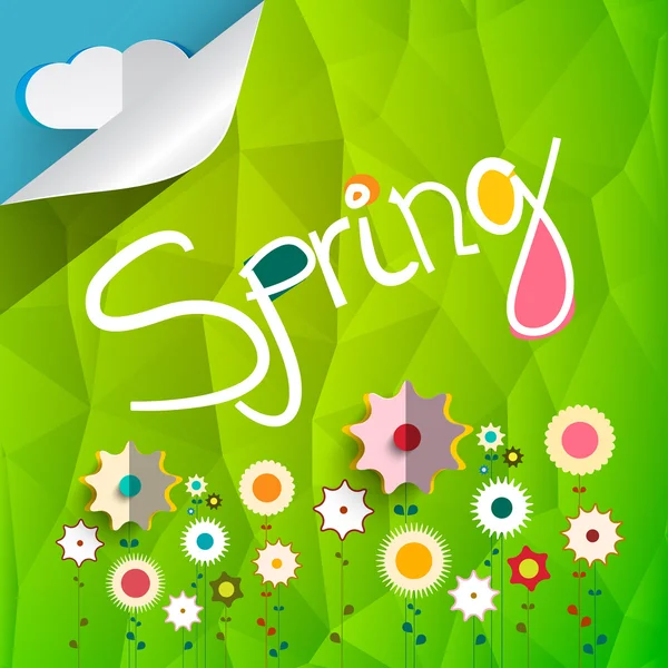 녹색 삼각형에 타이틀을 봄 꽃과 푸른 하늘과 구름과 구부러진된 모서리와 배경 — 스톡 벡터