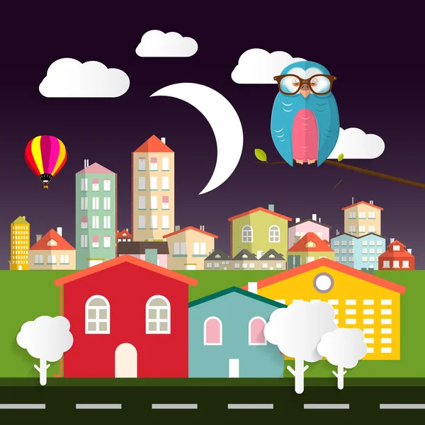 Night Vector Flat Design City - Cidade com Coruja - Lua - Balão de Ar Quente e Edifícios Abstratos — Vetor de Stock