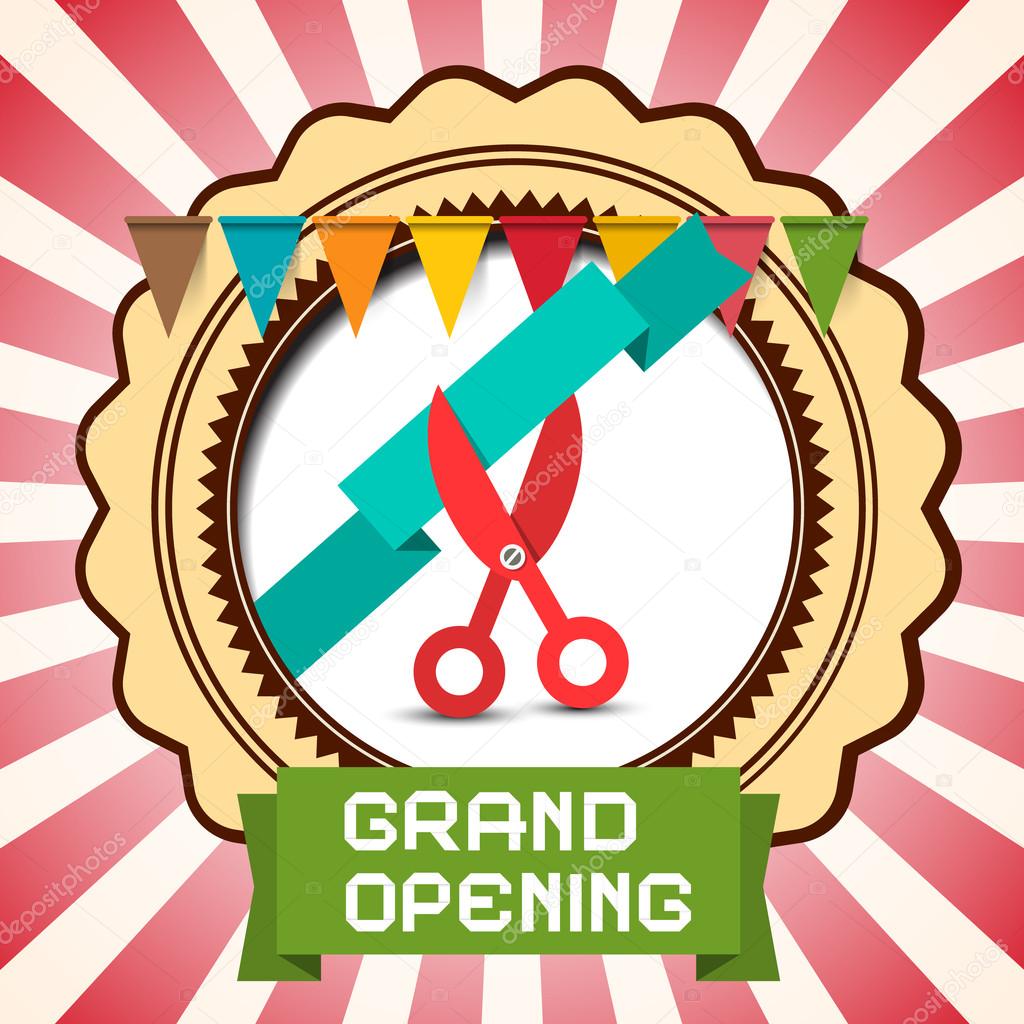 Retro Grand Opening Vector Card with Flags - Label and Scissors with Ribbon