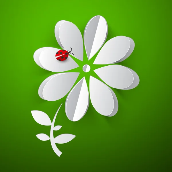 Květ - papír řez abstraktní květina s červenými Beruška - Beruška na zeleném pozadí — Stockový vektor