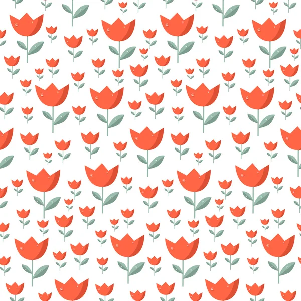 Seamless Tulip Vector Pattern - Red Tulips Flowers with Rain - Water Drops on White Background — Stock Vector