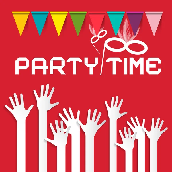 Party Time vektoros illusztráció zászlókkal és feltámadt kezét piros háttér — Stock Vector