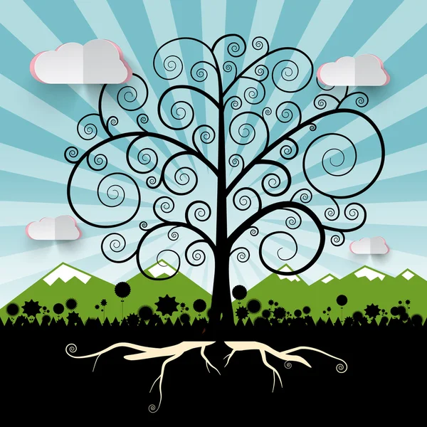 Albero - Albero astratto arricciato vettoriale sul paesaggio con le montagne - Fiori Silhouette e cielo blu Natura vettoriale Illustrazione — Vettoriale Stock