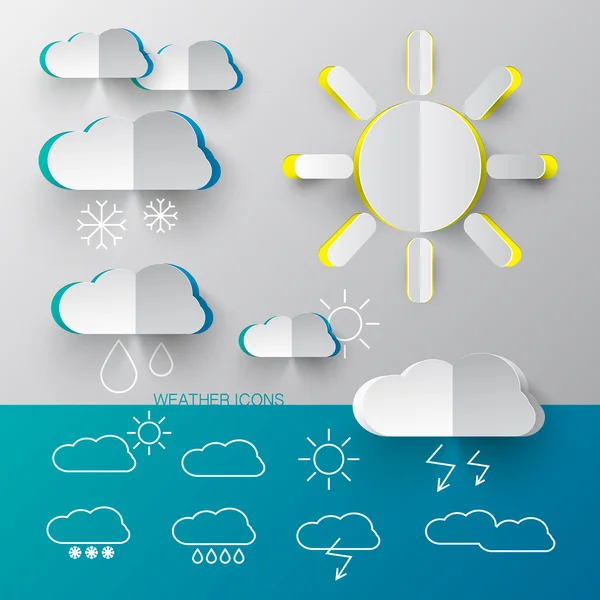 Ikony počasí - vektor papír vyjmout a jednoduché symbolech s mraky a slunce — Stockový vektor