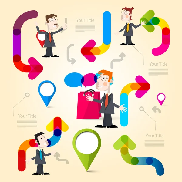 Modelo de infográficos com setas coloridas e homens de negócios —  Vetores de Stock