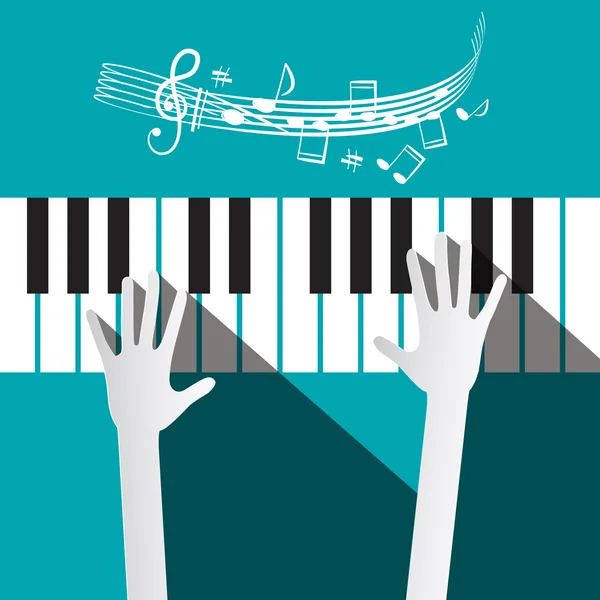 Руки на клавіатуру піаніно з речами і нотатки на синьому фоні — стоковий вектор