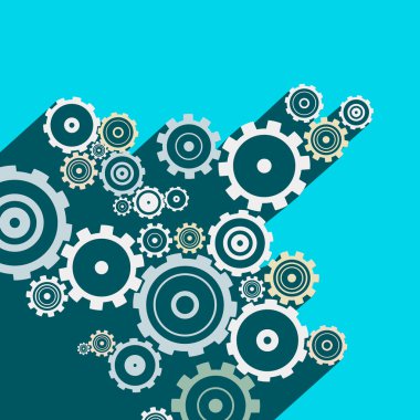 SMM - vites. Vektör uzun gölge düz tasarım teknolojik altyapı Cog ve mavi arka plan üzerinde dişli elemanları.