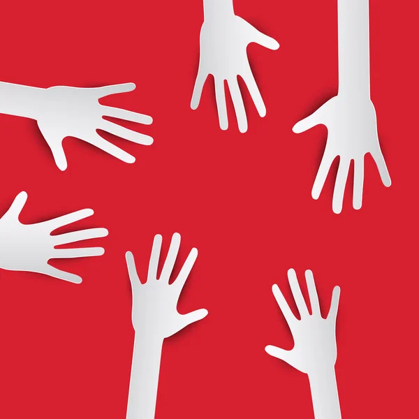Χαρτί κομμένα χέρια. Διάνυσμα χέρια σε κόκκινο φόντο. Σύνολο τα χέρια. — Διανυσματικό Αρχείο