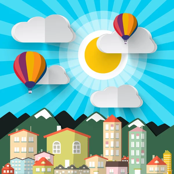 フラット デザイン紙カット市。抽象ベクトル山市。雲と熱気球で空を。レトロなベクトル住宅. — ストックベクタ